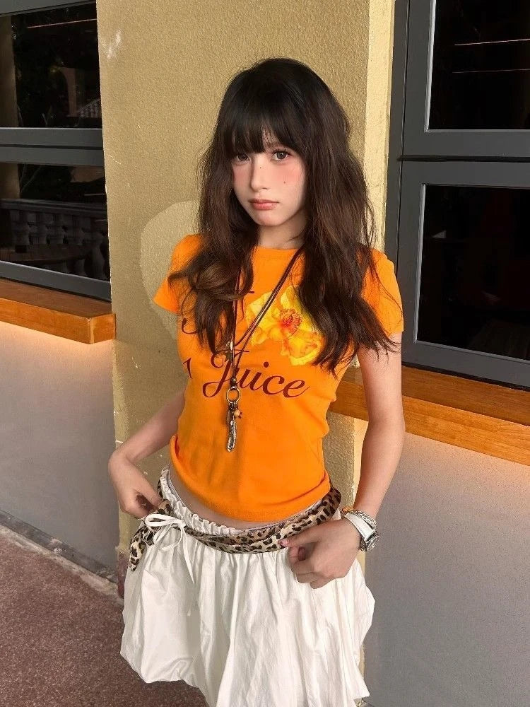 Harajuku Orange Flower Letter Printing T-shirts Streetwear Vintage Bodycon Fairy Tshirts Summer Women Y2k Aesthetic Grunge Tops
