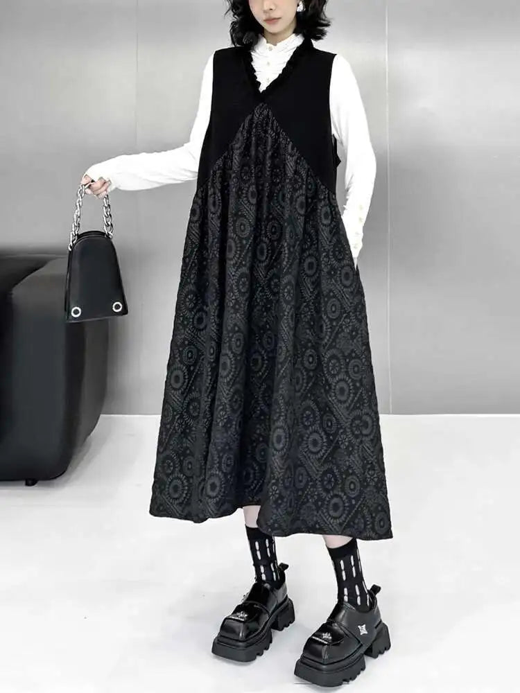 Women Black Pattern Textured Big Size Midi Vest Dress New V-Neck Sleeveless Fashion Tide Spring Autumn 2025 1DH8441