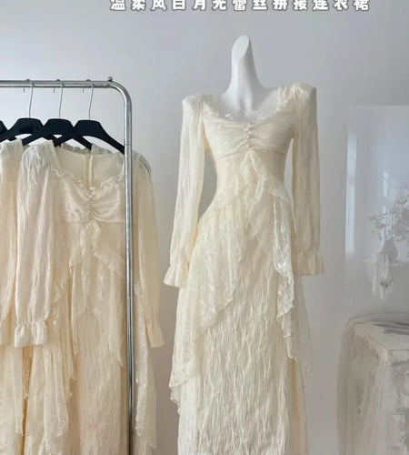 Vintage Women Beige Sequined Lace Pearl Elegant Ruffle Edge Dress Autumn Square Collar Long Sleeve Festival Party Evening Dress