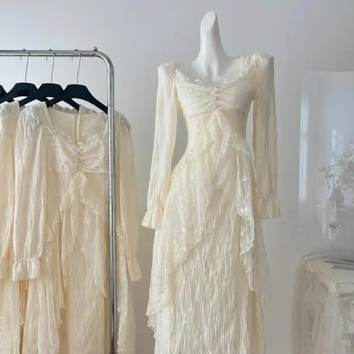 Load image into Gallery viewer, Vintage Women Beige Sequined Lace Pearl Elegant Ruffle Edge Dress Autumn Square Collar Long Sleeve Festival Party Evening Dress
