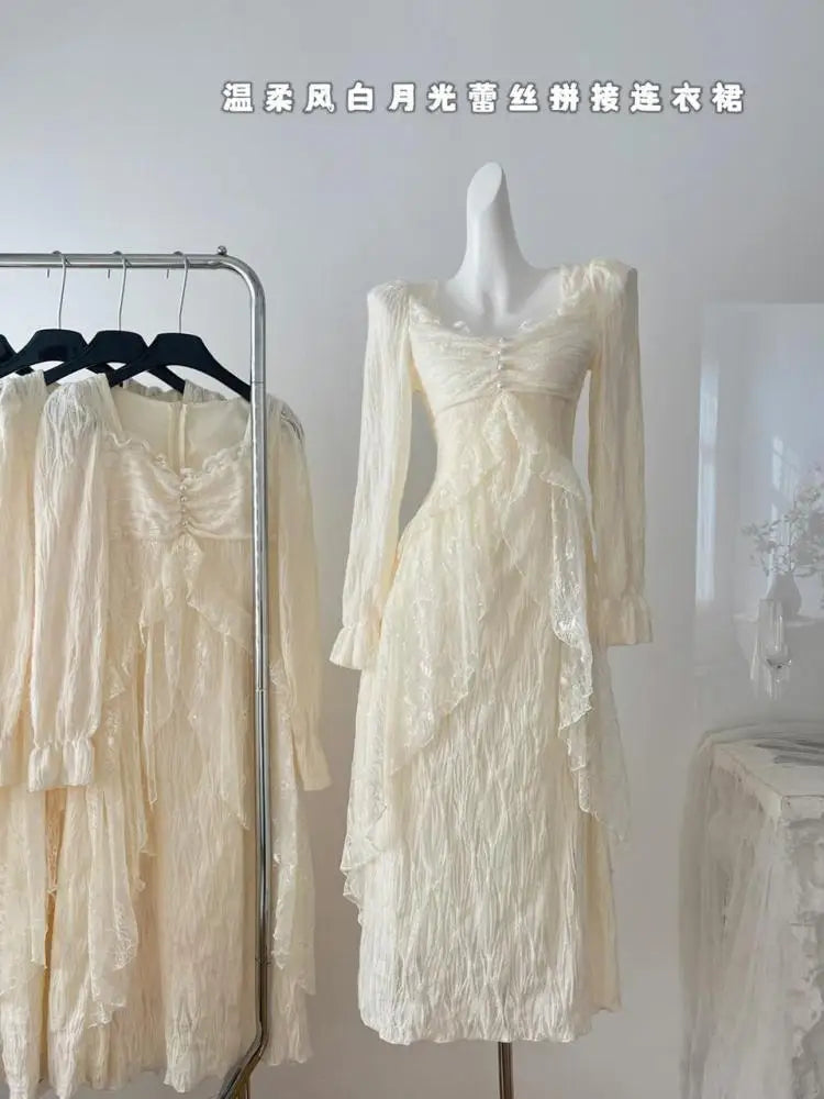 Vintage Women Beige Sequined Lace Pearl Elegant Ruffle Edge Dress Autumn Square Collar Long Sleeve Festival Party Evening Dress