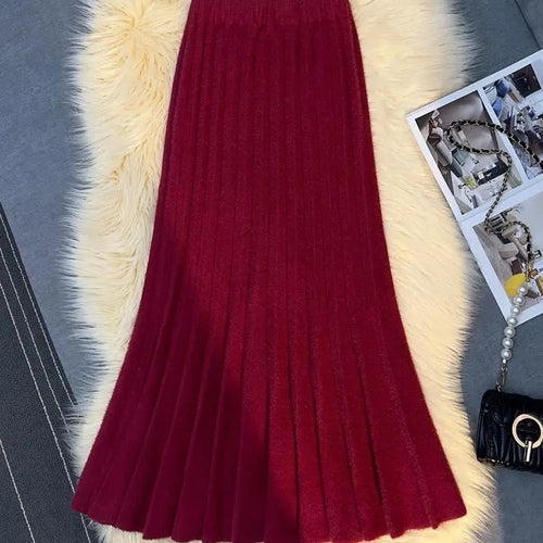 Load image into Gallery viewer, Autumn Winter Women's Black White Elegant Knitted Long Skirt Red Elastic High Waist Party Wrap Hip Pleated Fishtail Skirts 2024
