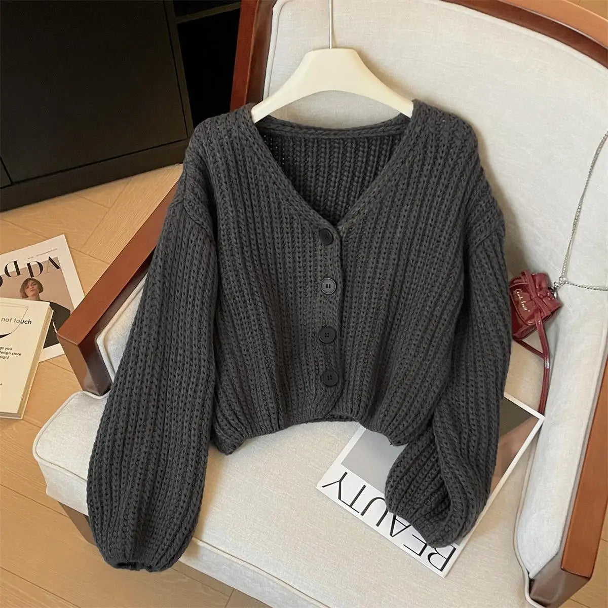 Autumn Winter Grey Single Breasted Long Sleeves Sweater Korean Fashion Women Holiday Cardigan Knitted Tops Casual Versatile Chic