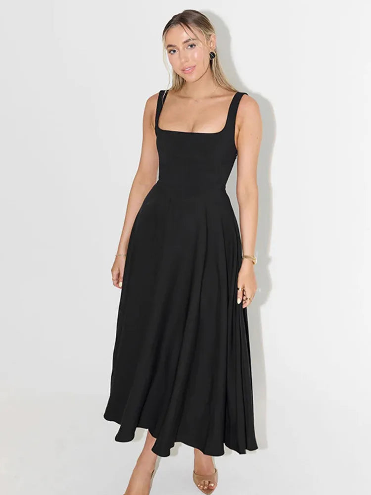 Elegant Sleeveless Bodycon Women Long Dress 2024 Fall Solid Color Square Neck Sexy Party Club Evening Dress Slim Vestido