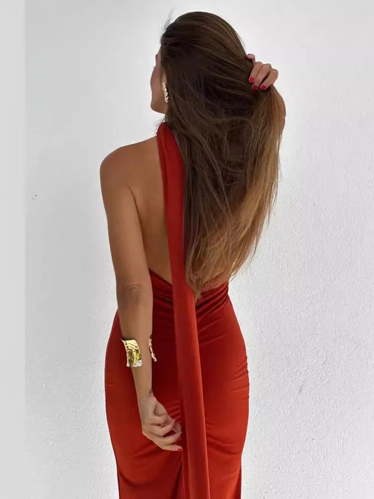 Elegant Sleeveless Hanging Collar Long Dress Female Sexy Backless Tight Party Evening Dress 2024 Summer Slimming Vestido