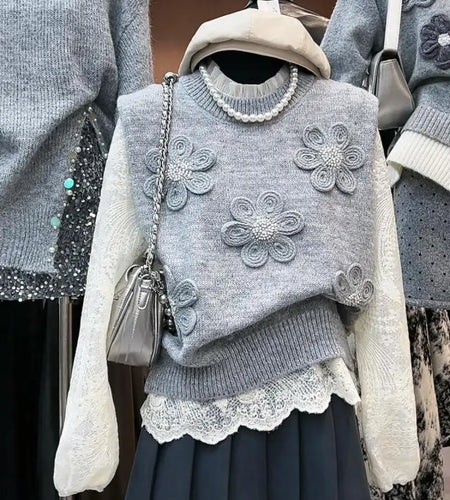 Korean Style Grey Round Neck Knitted Sweater Vest Women Fashion Flower Embroidery Decoration Short Pullover Tops Autumn Winter