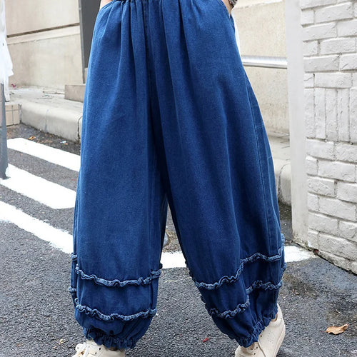 Load image into Gallery viewer, High Elastic Waist Blue Denim Ruffles Casual Wide Leg Jeans New Women Trousers Fashion Tide Spring Autumn 2025 1DJ0422

