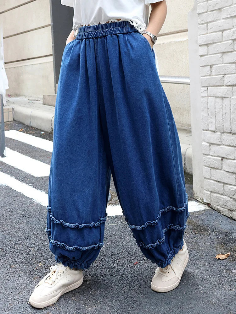 High Elastic Waist Blue Denim Ruffles Casual Wide Leg Jeans New Women Trousers Fashion Tide Spring Autumn 2025 1DJ0422