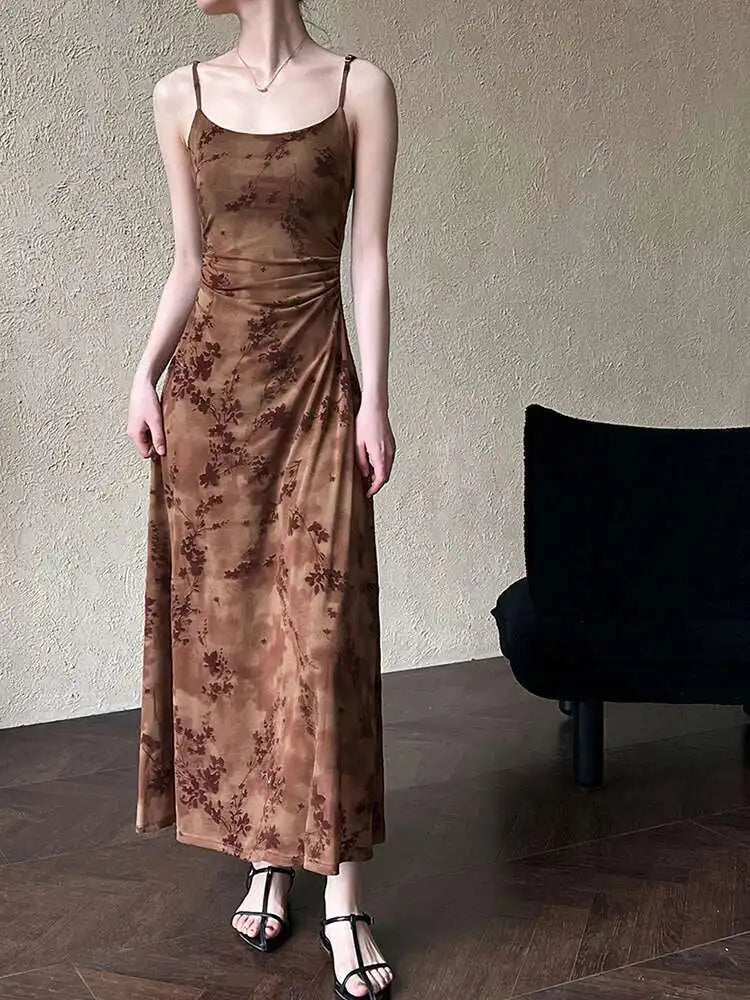 Women Brown Printed Vintage Long Spaghetti Strap Dress New Round Neck Sleeveless Fashion Tide Spring Summer 2025 1DJ0289