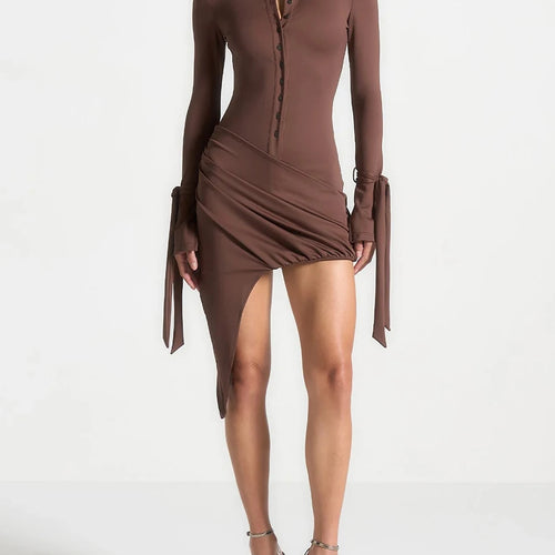 Load image into Gallery viewer, Slimming Spliced Single Breasted Mini Dresses for Women Lapel Long Sleeves Patchwork Folds Irregualr Dress Female
