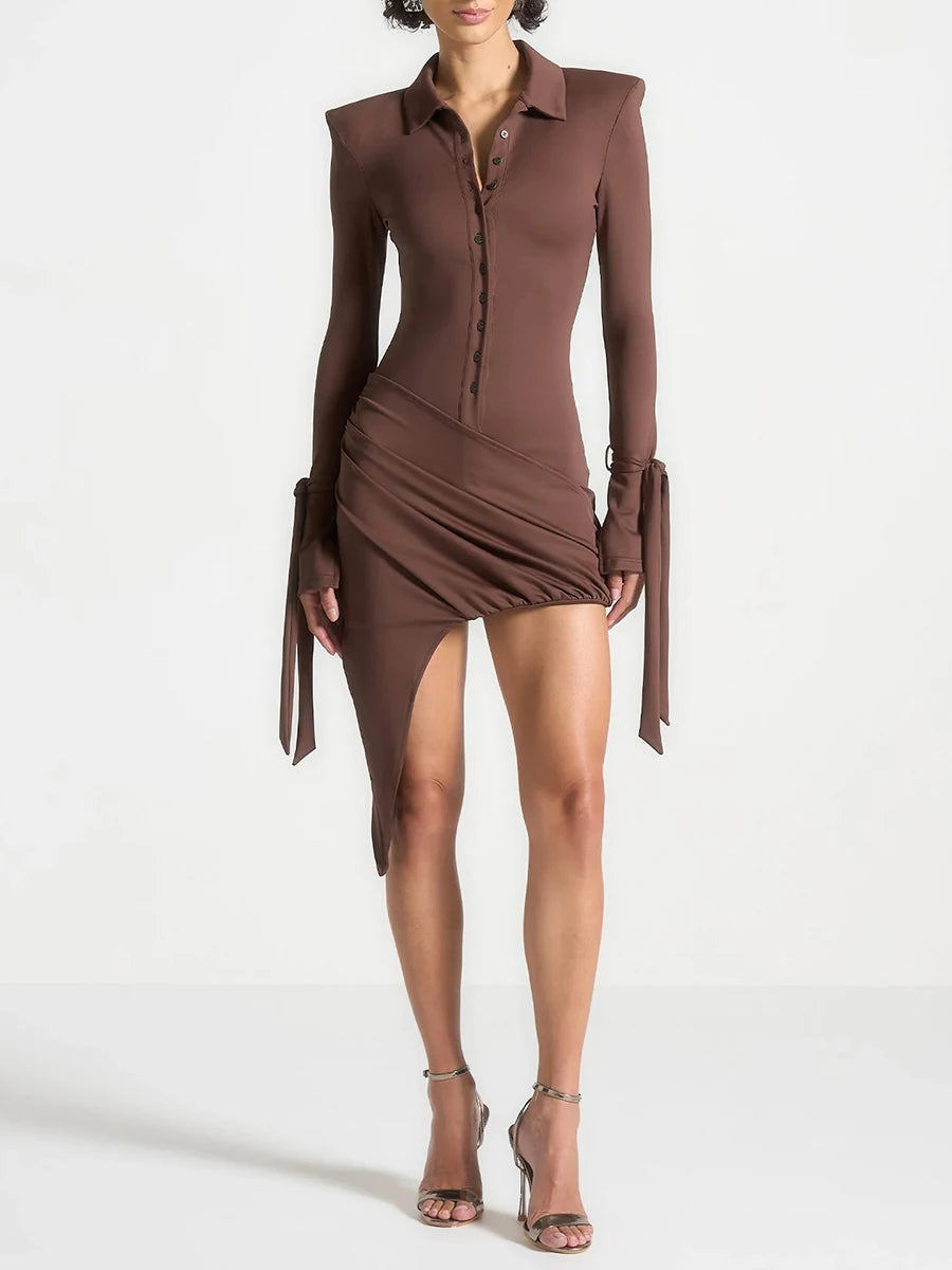 Slimming Spliced Single Breasted Mini Dresses for Women Lapel Long Sleeves Patchwork Folds Irregualr Dress Female