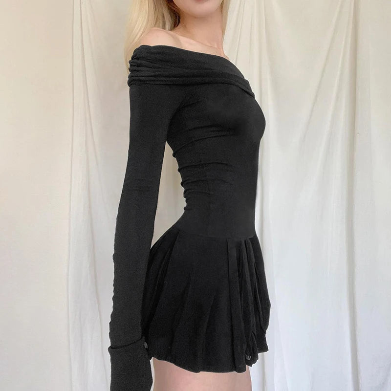 Casual Folds Off Shoulder Basic Autumn Dress Female Korean Fashion Long Sleeve Pleated Dress Mini Slim Y2K Party Chic