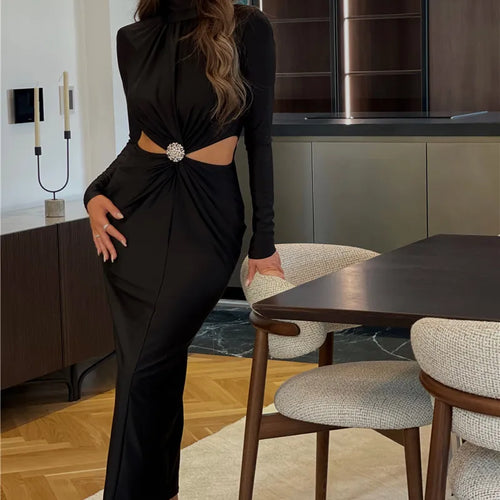 Load image into Gallery viewer, Elegant Hollow Out Sexy Maxi Dress For Women Autumn Winter New Turtleneck Long Sleeve Bodycon Club Party Evening Dress
