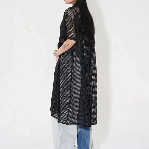 Load image into Gallery viewer, Women Black Mesh Perspective Midi Big Size Shirt Dress New Lapel Short Sleeve Fashion Tide Spring Summer 2025 1DH4934
