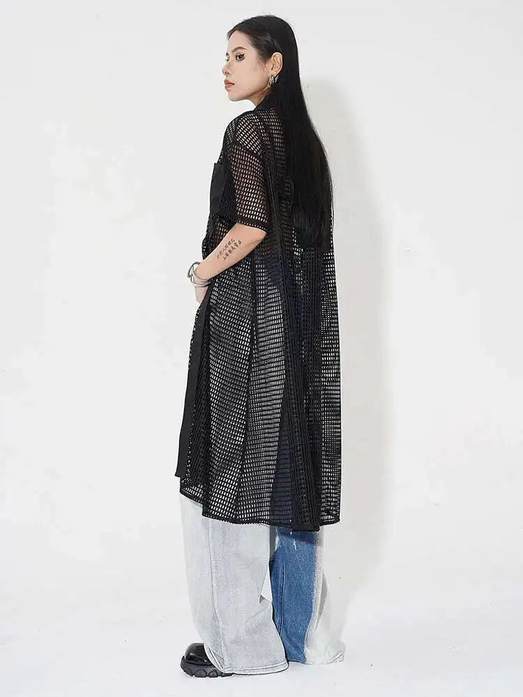 Women Black Mesh Perspective Midi Big Size Shirt Dress New Lapel Short Sleeve Fashion Tide Spring Summer 2025 1DH4934