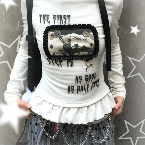 Load image into Gallery viewer, Harajuku Cartoon Print Cute T-shirts Streetwear Slim Fit Y2k Aesthetic Ruffled Autumn Shirts Women Grunge BLace Patchwork Tops
