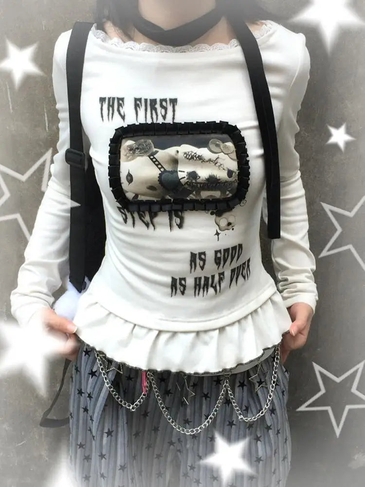 Harajuku Cartoon Print Cute T-shirts Streetwear Slim Fit Y2k Aesthetic Ruffled Autumn Shirts Women Grunge BLace Patchwork Tops
