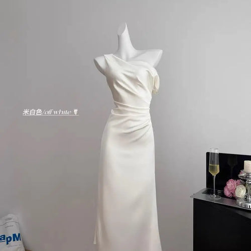 Load image into Gallery viewer, Summer White Pink Elegant Office Pleated Long Dresses Women Fashion Green Sleeveless Swinging Neck Slim Vest Dress Vestidos
