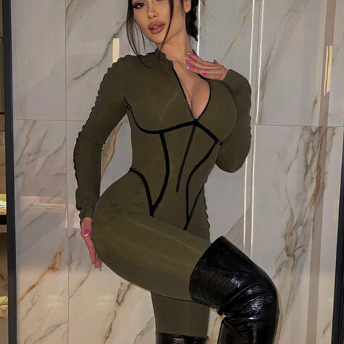 Load image into Gallery viewer, Sexy Zipper Women Jumpsuit Long Sleeve Bandage Tights Solid Jumpsuits Female Party Bodycon Stretch Sporty &amp; Leisure
