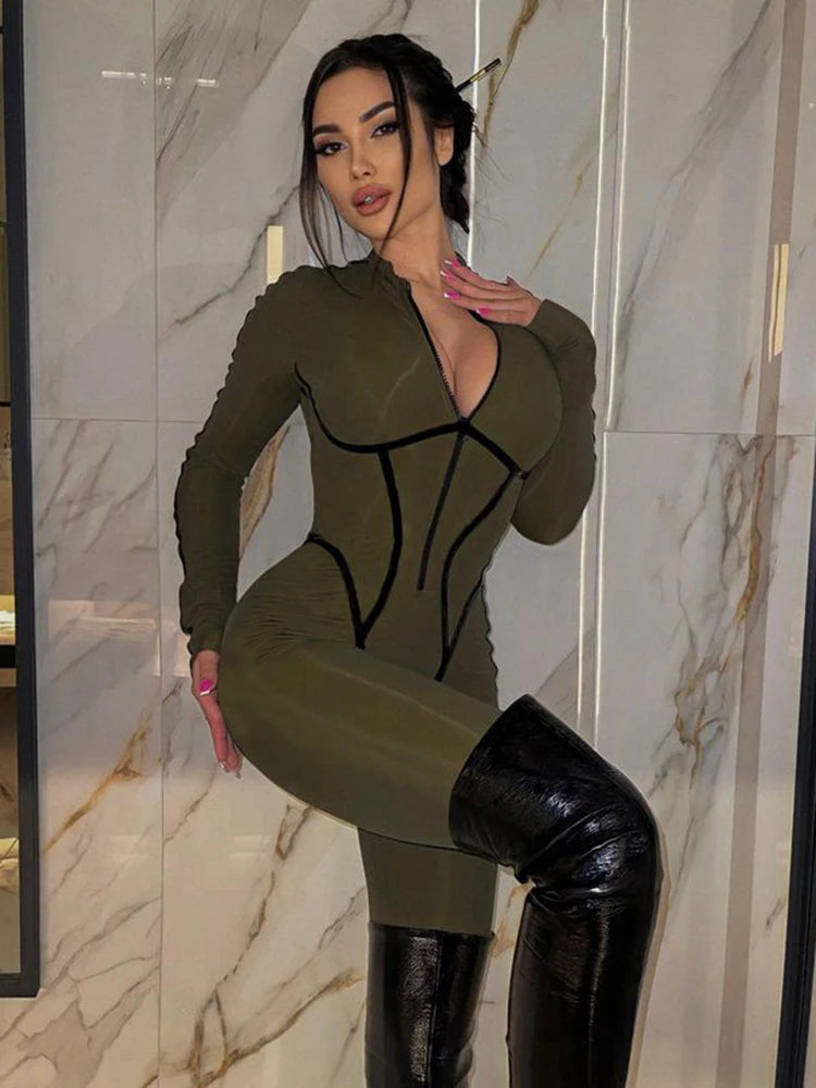 Sexy Zipper Women Jumpsuit Long Sleeve Bandage Tights Solid Jumpsuits Female Party Bodycon Stretch Sporty & Leisure