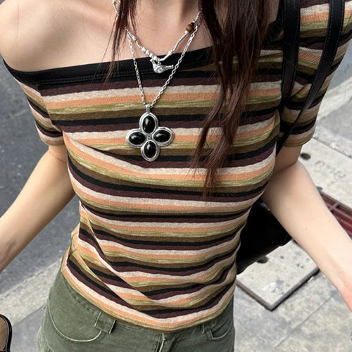 Load image into Gallery viewer, Women Harajuku Knitted Contrast Color Stripe Tops Y2k Aesthetic Sexy Slash Neck Tees Summer Slim Fit Streetwear Grunge Tshirts
