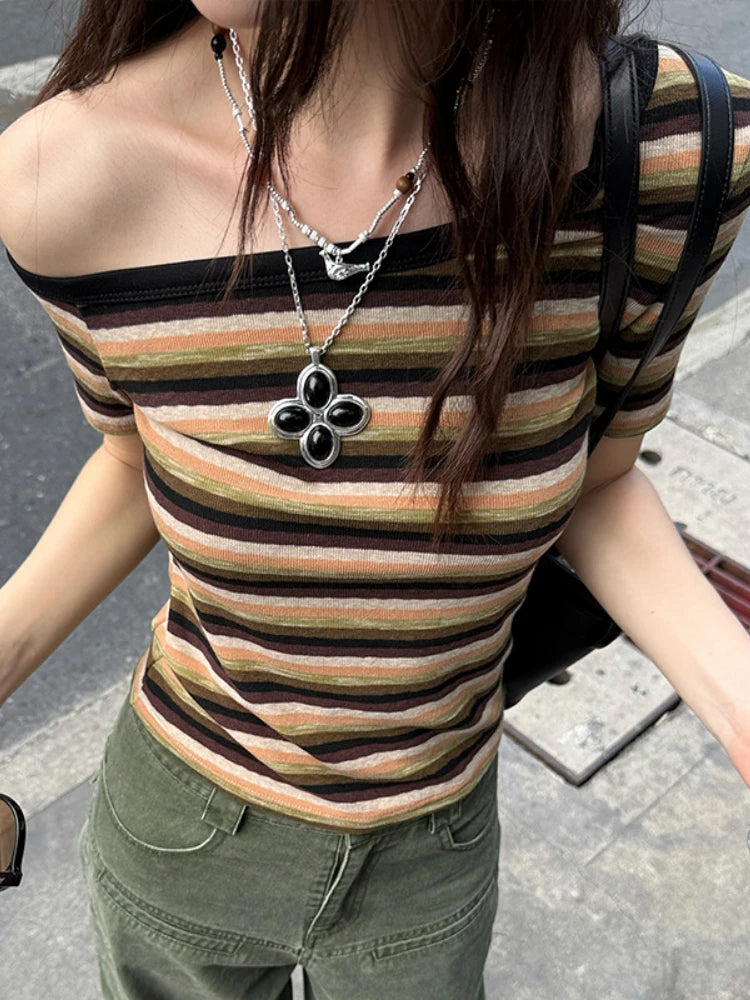 Women Harajuku Knitted Contrast Color Stripe Tops Y2k Aesthetic Sexy Slash Neck Tees Summer Slim Fit Streetwear Grunge Tshirts