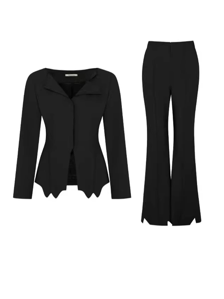 Solid Slimming Two Piece Sets for Women V Neck Long Sleeves Irregular Top High Waist Pant Elegant Set Female New
