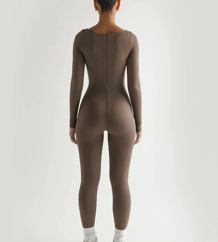 Square Neck Long Sleeve Zipper Women Jumpsuit Elastic Tight High Waist Playsuit Slim Sporty Casual Outdoor Street Romper