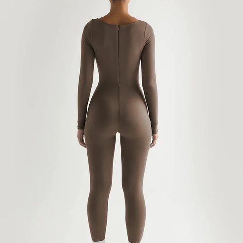 Load image into Gallery viewer, Square Neck Long Sleeve Zipper Women Jumpsuit Elastic Tight High Waist Playsuit Slim Sporty Casual Outdoor Street Romper
