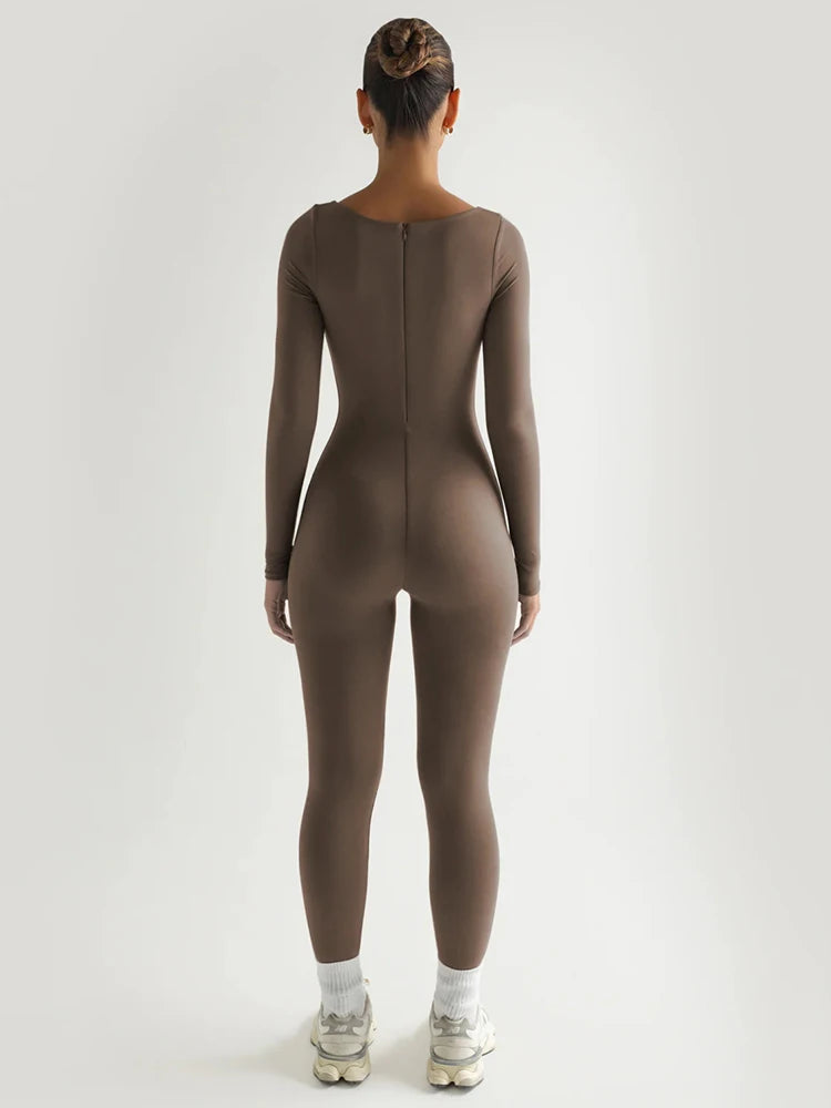 Square Neck Long Sleeve Zipper Women Jumpsuit Elastic Tight High Waist Playsuit Slim Sporty Casual Outdoor Street Romper