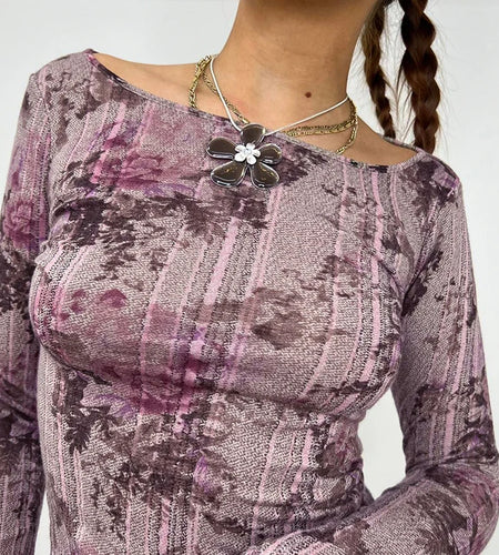 Fairycore Flowers Printed Long Sleeve Tee Shirt Y2K Vintage Clothes 2000s Slim Autumn T shirt Women Top Graphic Knit