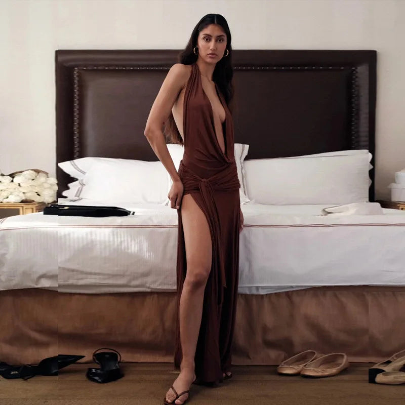 Halter Deep V Neck Sexy Maxi Dress For Women Gown Sleeveless Backless Thigh High Split Ruched Bodycon Long Dress