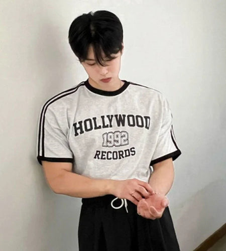 Men's Short Sleeve T-shirts New Summer Contrast Color Design Round Neck Fashion Loose Letter Print Korean Trendy Top 9W1627