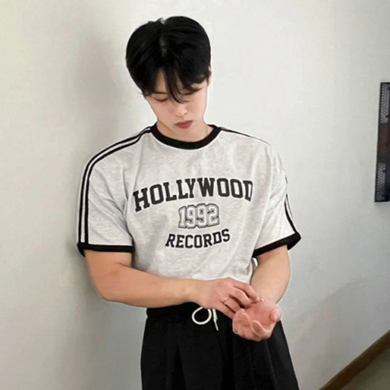 Men's Short Sleeve T-shirts New Summer Contrast Color Design Round Neck Fashion Loose Letter Print Korean Trendy Top 9W1627