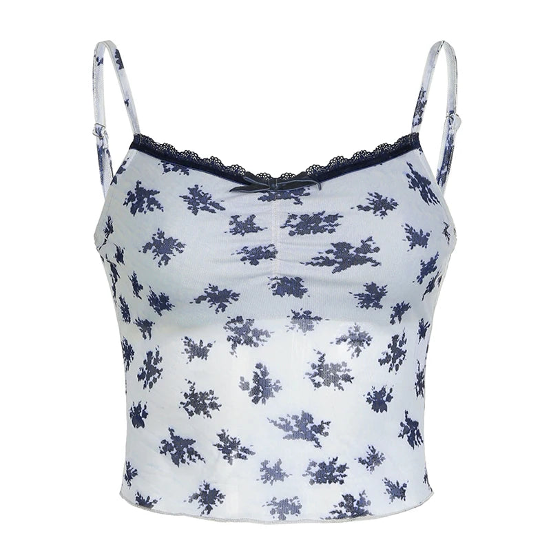 Fashion Printed Sexy Mesh Top Camisole Lace Trim Bow Transparent Slim Folds Summer Cropped Top Female Y2K Clothes New