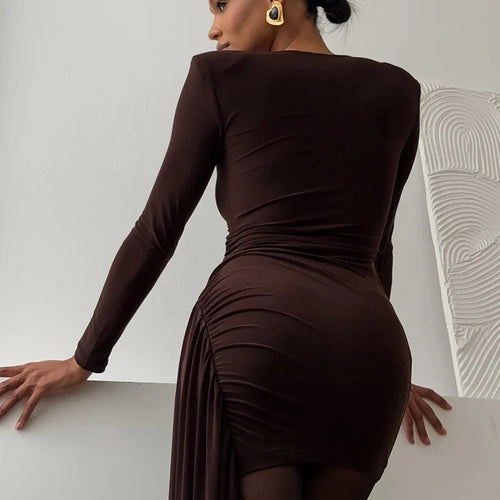 Load image into Gallery viewer, Long Sleeve Draped Ruched Sexy Maxi Dress For Women Gown Fashion Solid O Neck Bodycon Club Elegant Mini Dress Vestido
