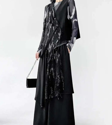 Big Size Irregular Vest Sequins Wide Leg Pants Two Piece Suit New V-Neck Sleeveless Women Fashion Tide Spring Autumn 2025