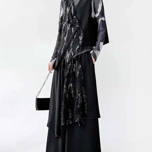 Load image into Gallery viewer, Big Size Irregular Vest Sequins Wide Leg Pants Two Piece Suit New V-Neck Sleeveless Women Fashion Tide Spring Autumn 2025
