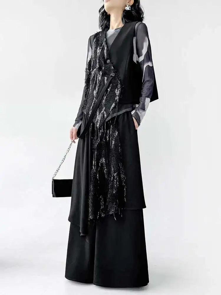 Big Size Irregular Vest Sequins Wide Leg Pants Two Piece Suit New V-Neck Sleeveless Women Fashion Tide Spring Autumn 2025