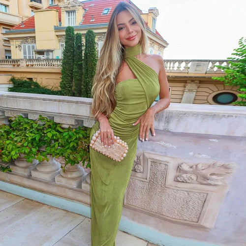 Load image into Gallery viewer, Halter Strapless Sexy Maxi Dress For Women Fashion Green Off-shoulder Backless Sleeveless Bodycon Elegant Long Dress
