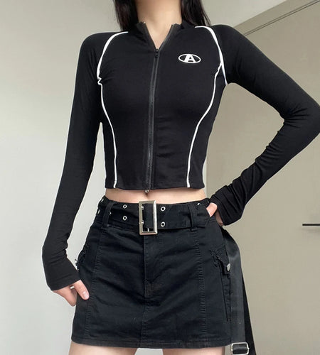 Casual Sporty Stripe Stitch Tee Jacket Slim Zipper Crop Top Streetwear Women's Fashion T-shirt Autumn Moto&Biker