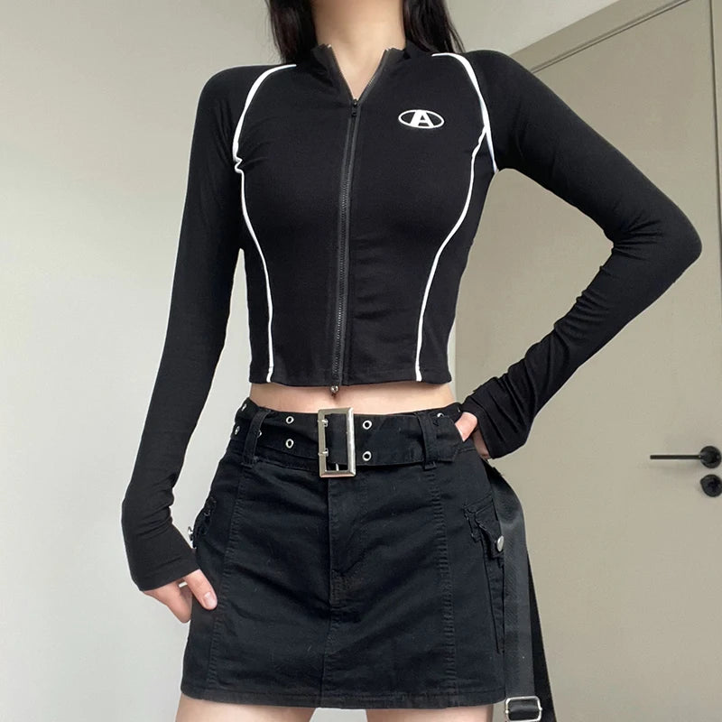 Casual Sporty Stripe Stitch Tee Jacket Slim Zipper Crop Top Streetwear Women's Fashion T-shirt Autumn Moto&Biker