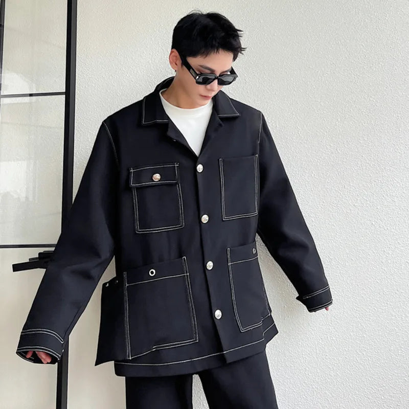 Men's Jacket New Open Line Solid Color Design Korean Turn-down Collar Multi Pockets Handsome Suit Jackets Spring 9W1520