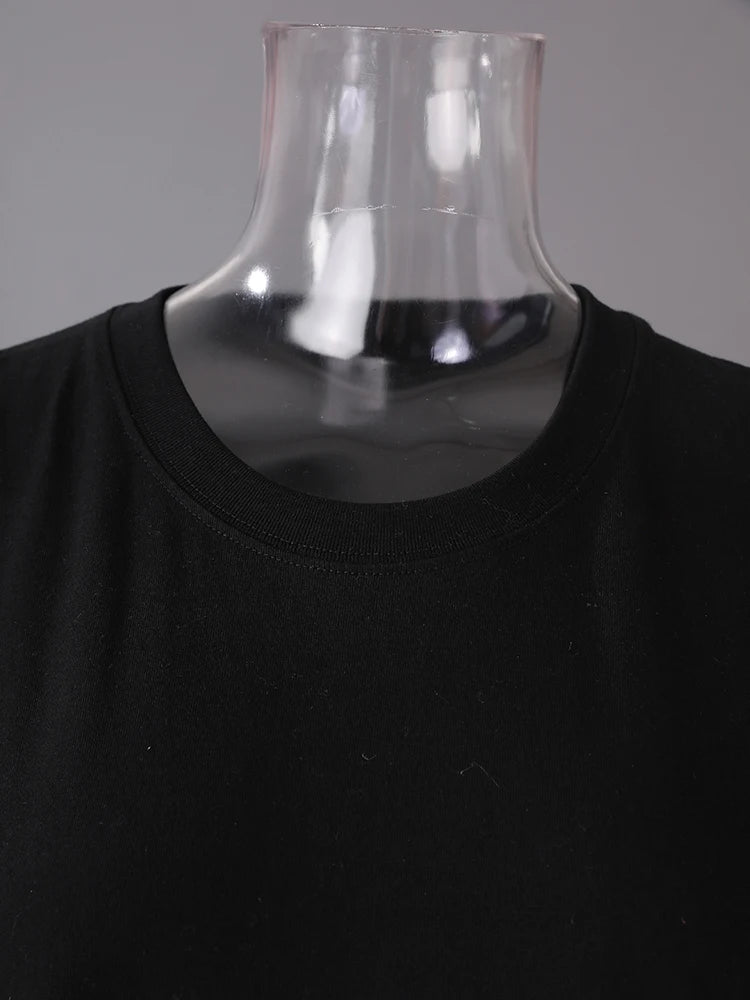 Women Black Mesh Color-block Big Size Knee-Length Dress New Round Neck Short Sleeve Fashion Spring Summer 2025 CPG3040