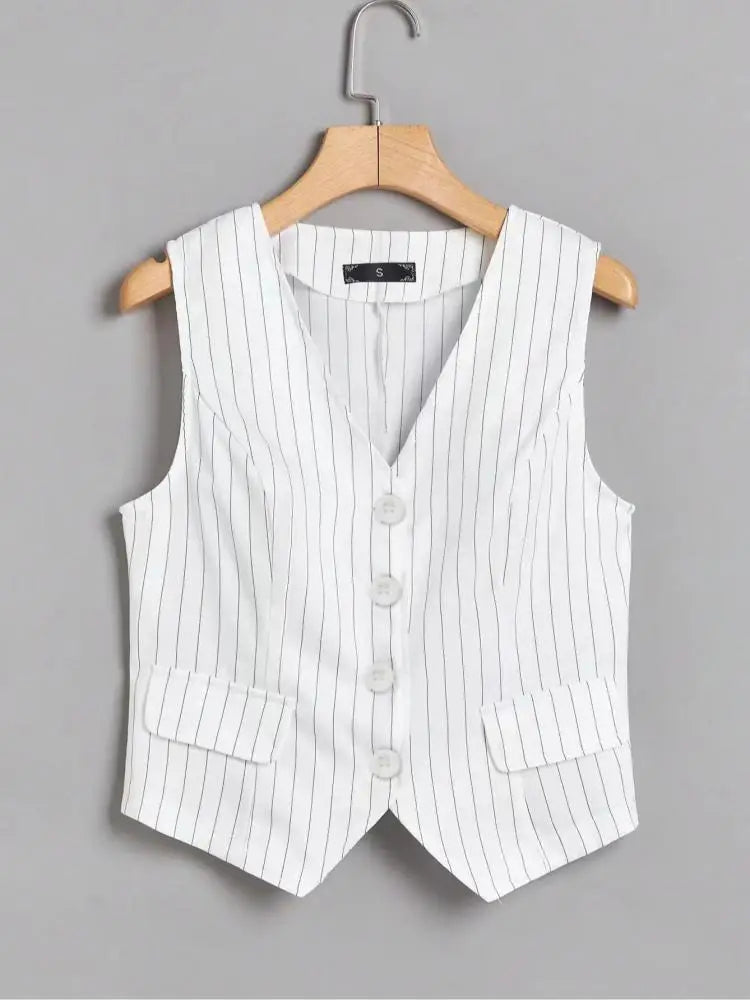 Black White Blue Stripe V Neck Sexy Sleeveless Tank Tops Summer Clothes Women Fashion Single Breasted Asymmetrical Vest Trendy