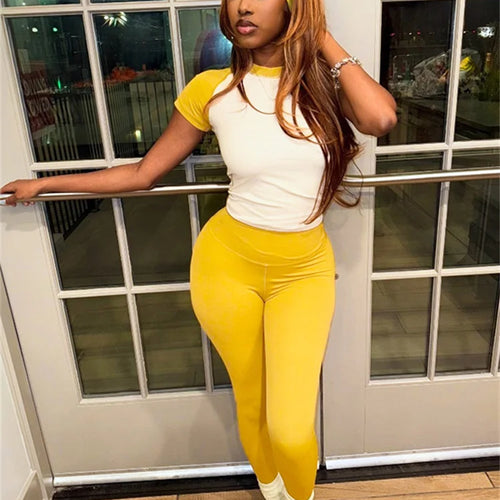 Load image into Gallery viewer, Simple Casual Sporty 2 Piece Set Women Contrast Patchwork Short Sleeve T-Shirts+Skinny Stretch Sweatpants Fit Tracksuits
