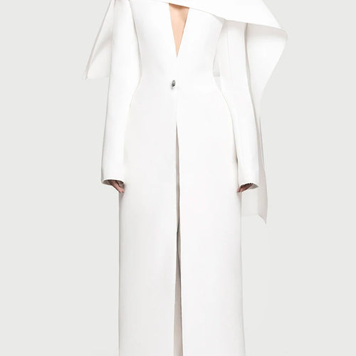 Load image into Gallery viewer, Solid Spliced Button Slimming Jackets For Women V Neck Long Sleeve High Waist Temperament Long Coat Female Fshion
