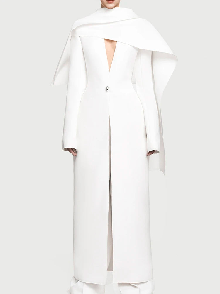 Solid Spliced Button Slimming Jackets For Women V Neck Long Sleeve High Waist Temperament Long Coat Female Fshion