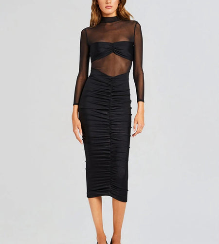 Sheer Long Sleeve Ruched Sexy Maxi Dress Women Fashion Half High Collar See Through Backless Bodycon Sexy Long Dress