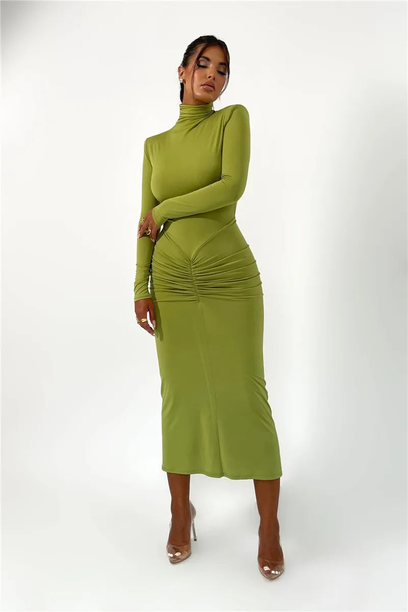 Elegant Turtleneck Long Sleeve Bodycon Maxi Dress Women Autumn Winter New Ruched Club Party Sexy Dress Vestidos